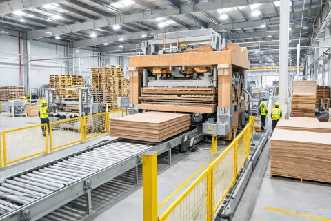 Panel press line producing structural plywood