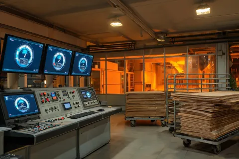 Kiln drying control room for engineered wood veneers